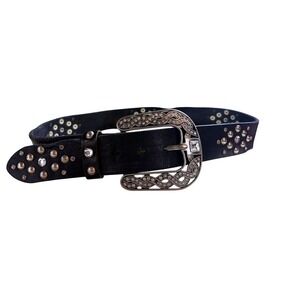 BKE Womens Black Leather Western Belt Crystal Studded Silver‎ Buckle Size S